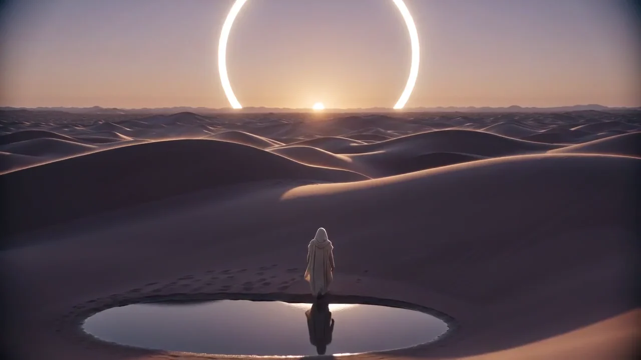 Uma viajante atravessa um deserto violeta sob um eclipse, em uma cena cinematográfica narrada em inglês.
