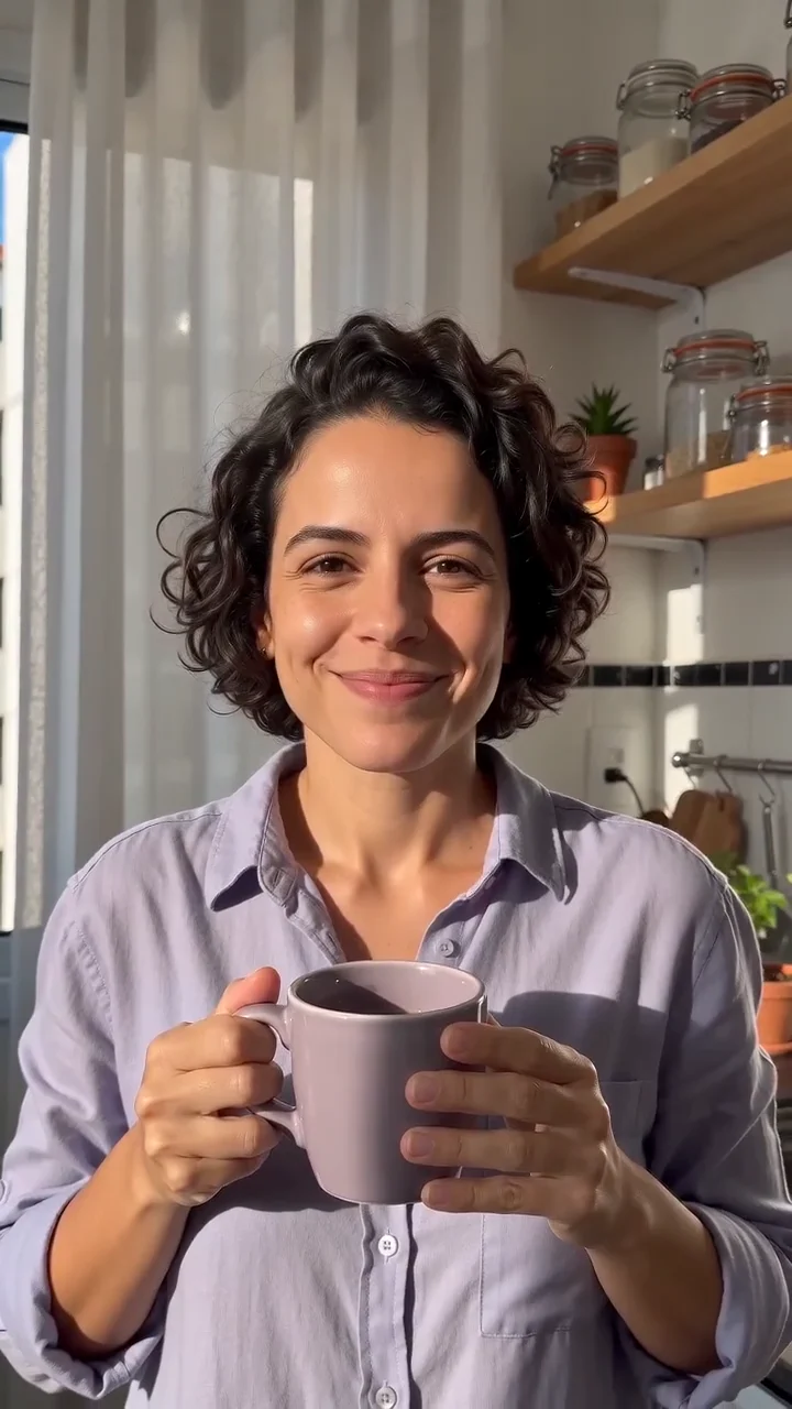 Uma criadora compartilha seu ritual de café, com luz de manhã e uma conversa em português.