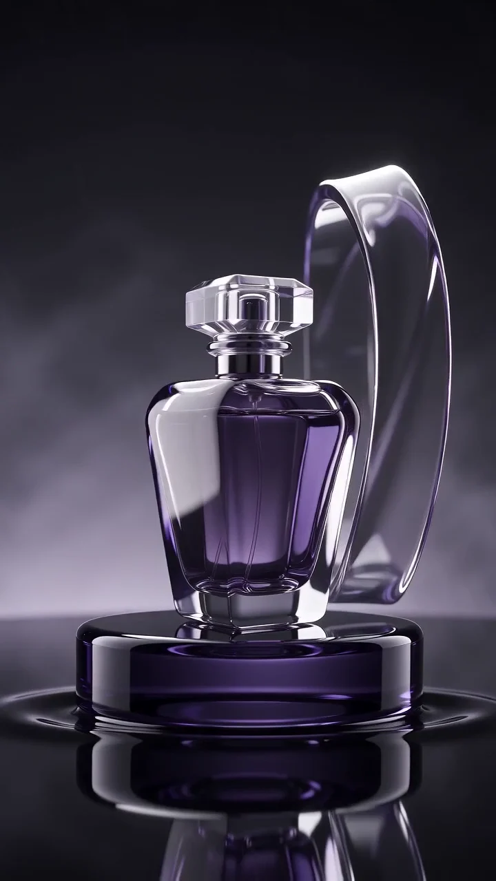 Um perfume de vidro ametista, luz em movimento e reflexos sobre a água.