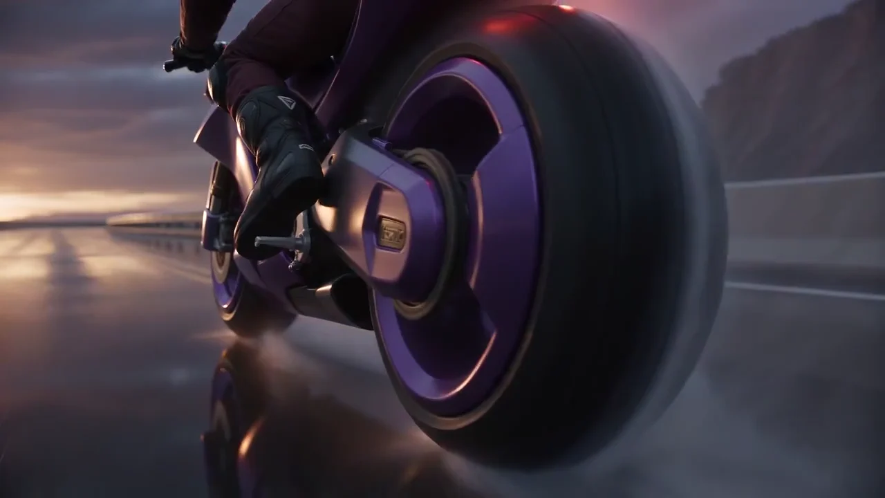 Uma motociclista atravessa uma tempestade em alta velocidade, entre curvas, faíscas e um salto cinematográfico. Apenas efeitos sonoros, sem falas ou música.