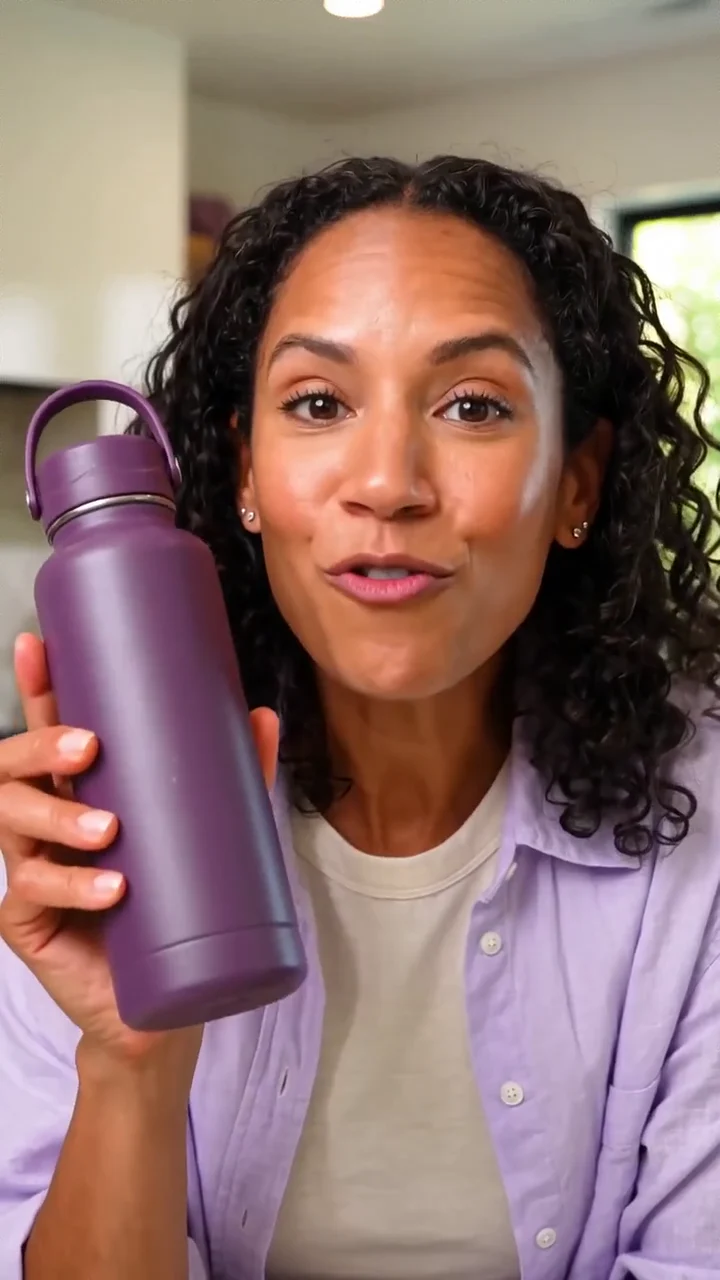 A mesma campanha de uma garrafa térmica violeta em inglês, com demonstração do produto e convite direto para comprar.