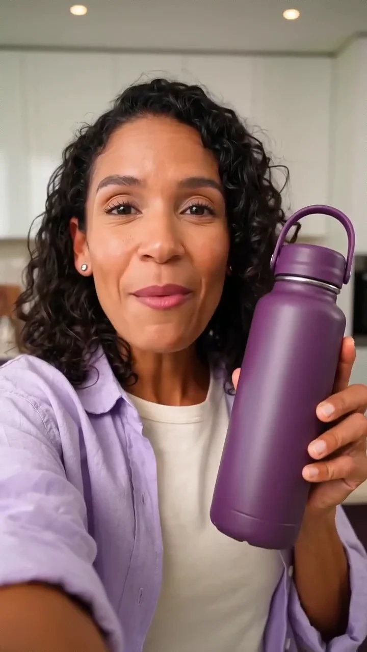 Uma versão em espanhol da campanha da garrafa térmica violeta, com benefícios visuais e chamada para compra.